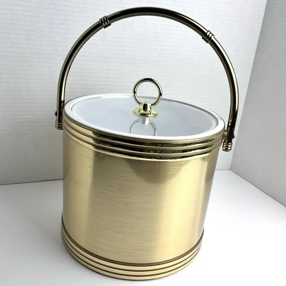 VTG Shelton Designs Brushed Gold Insulated Ice Bucket Metal Handle Lucite Lid US